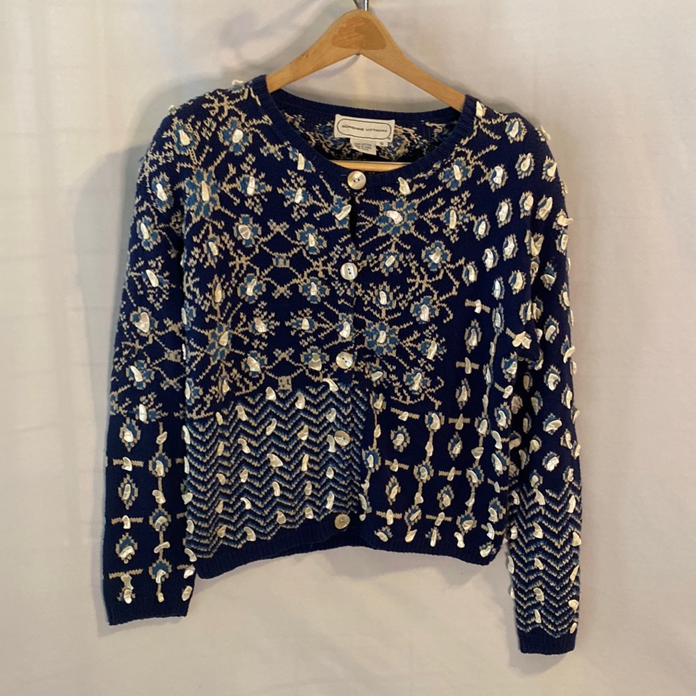 Adrienne Vittadini Navy Blue Embellished Cardigan Sweater